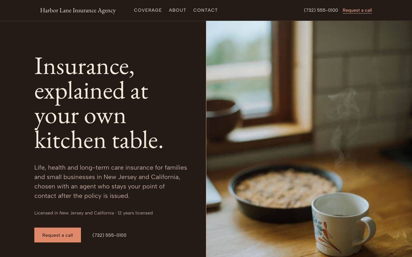 Sample agent, fictional: the Atrium template in the Clay theme on the Dark ground, on a desktop.