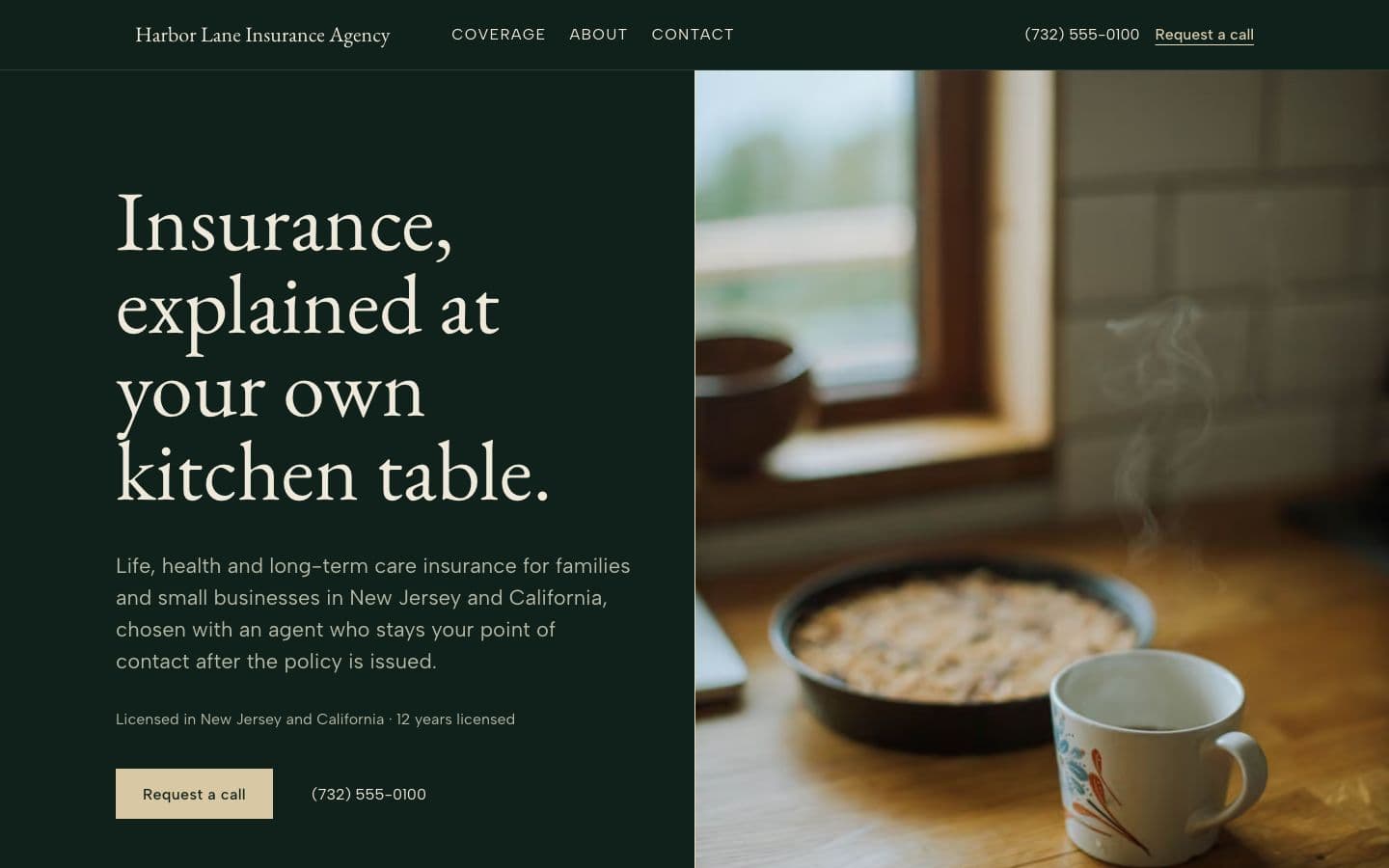Sample agent, fictional: the Atrium template in the Grove theme on the Dark ground, on a desktop.