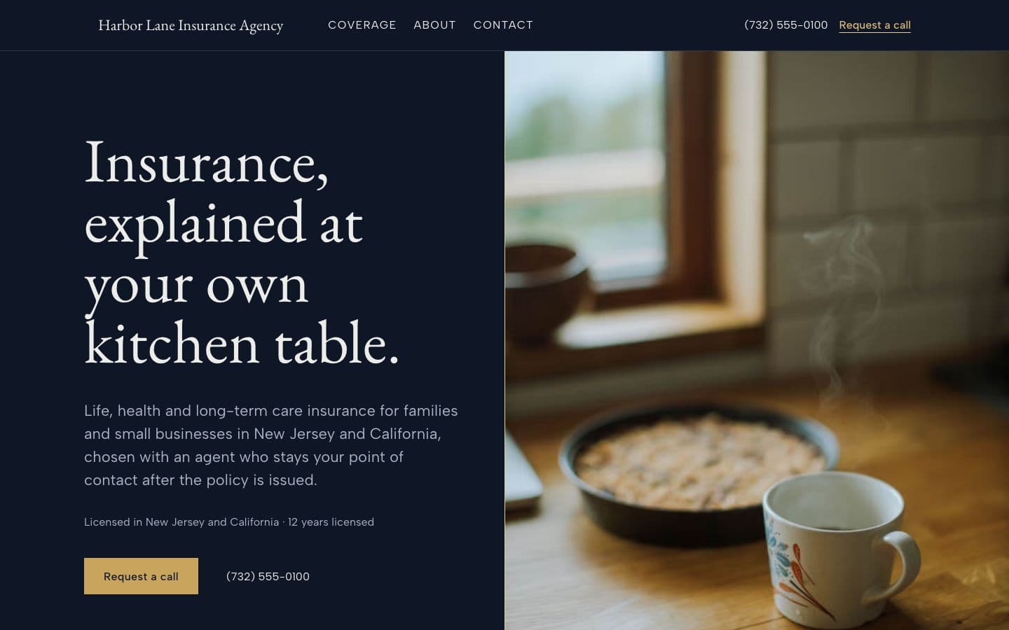 Sample agent, fictional: the Atrium template in the Harbor theme on the Dark ground, on a desktop.