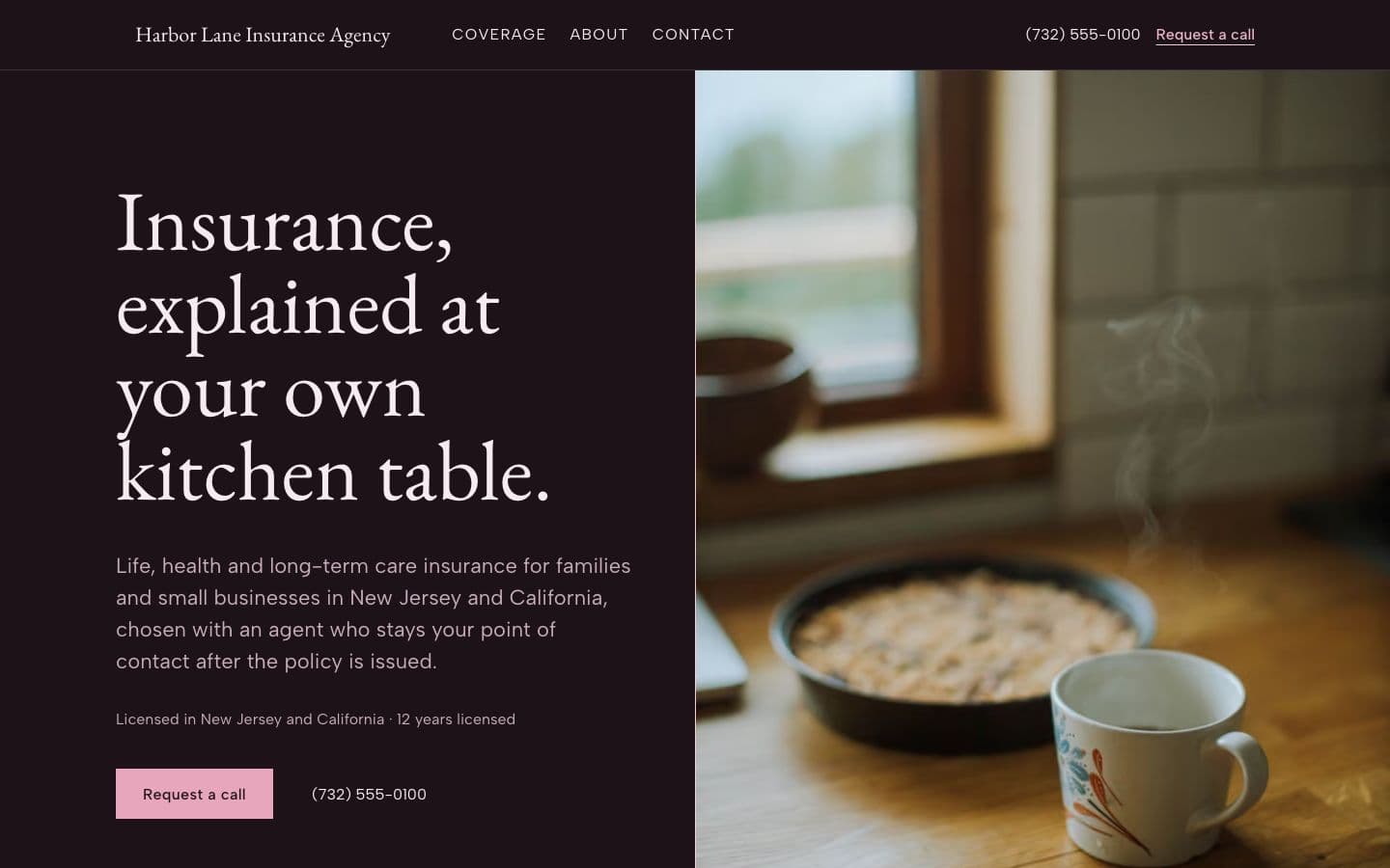 Sample agent, fictional: the Atrium template in the Orchid theme on the Dark ground, on a desktop.