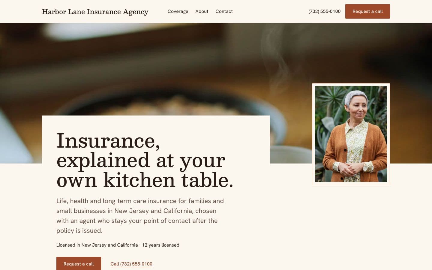 Sample agent, fictional: the Hearth template in the Clay theme on the Light ground, on a desktop.