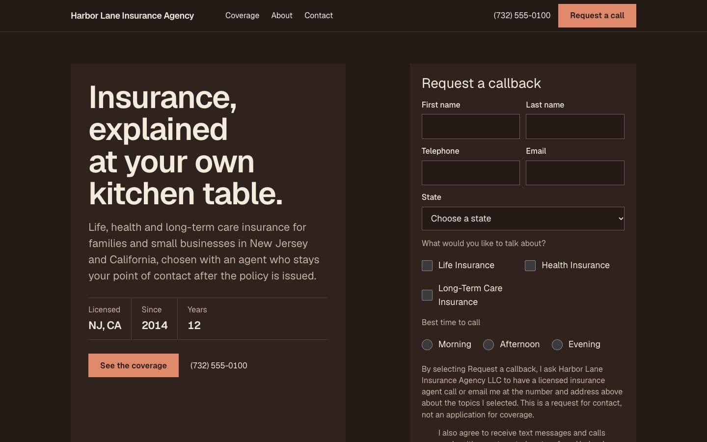 Sample agent, fictional: the Meridian template in the Clay theme on the Dark ground, on a desktop.