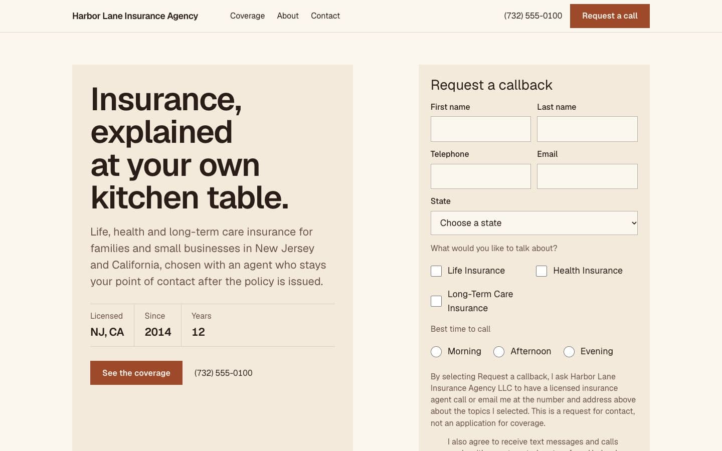 Sample agent, fictional: the Meridian template in the Clay theme on the Light ground, on a desktop.