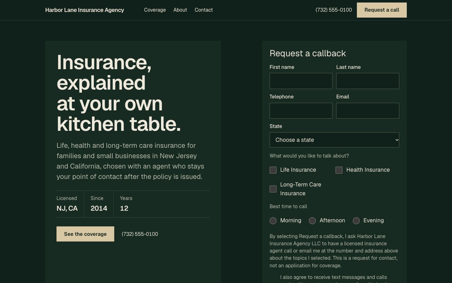 Sample agent, fictional: the Meridian template in the Grove theme on the Dark ground, on a desktop.