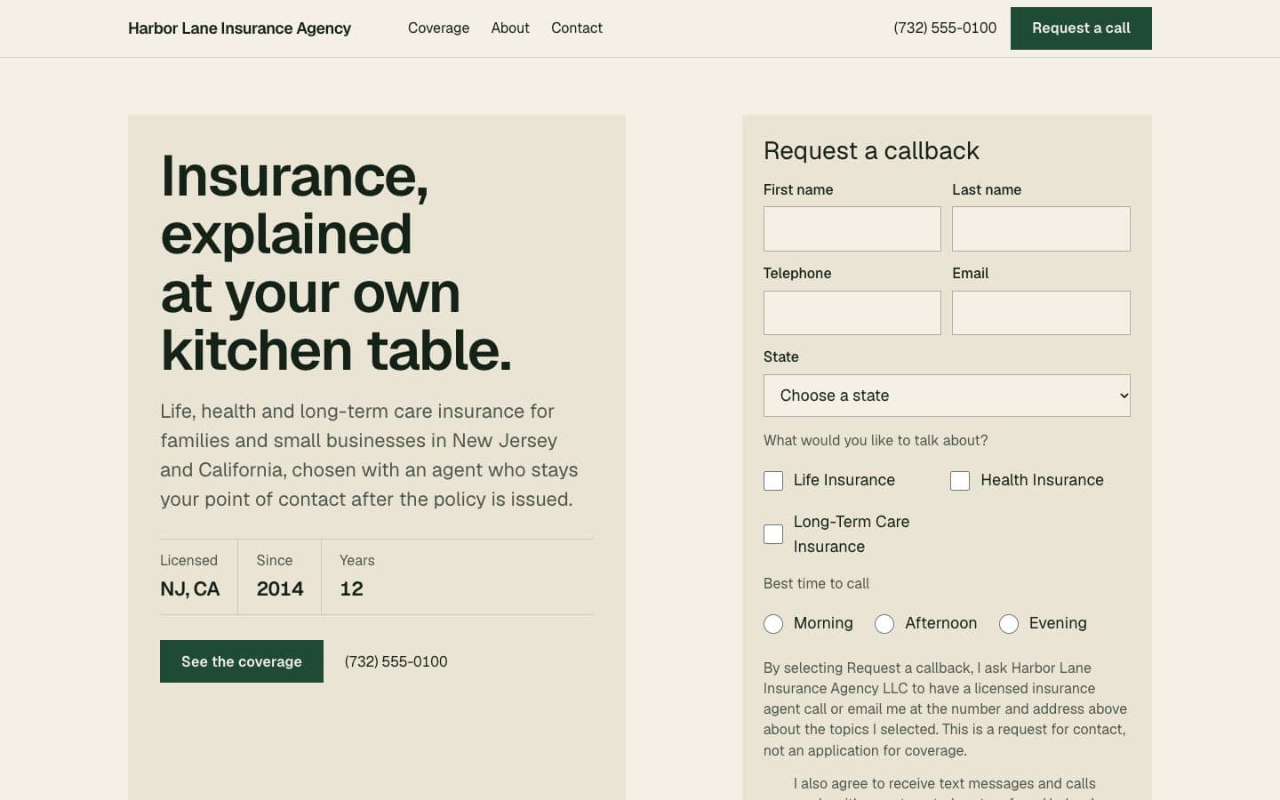 Sample agent, fictional: the Meridian template in the Grove theme on the Light ground, on a desktop.