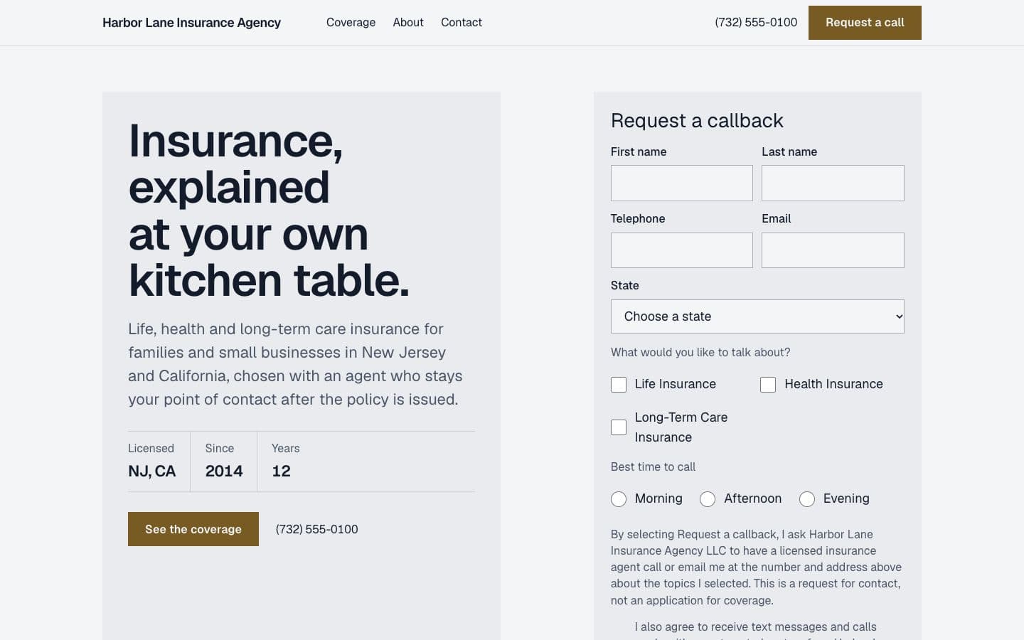 Sample agent, fictional: the Meridian template in the Harbor theme on the Light ground, on a desktop.