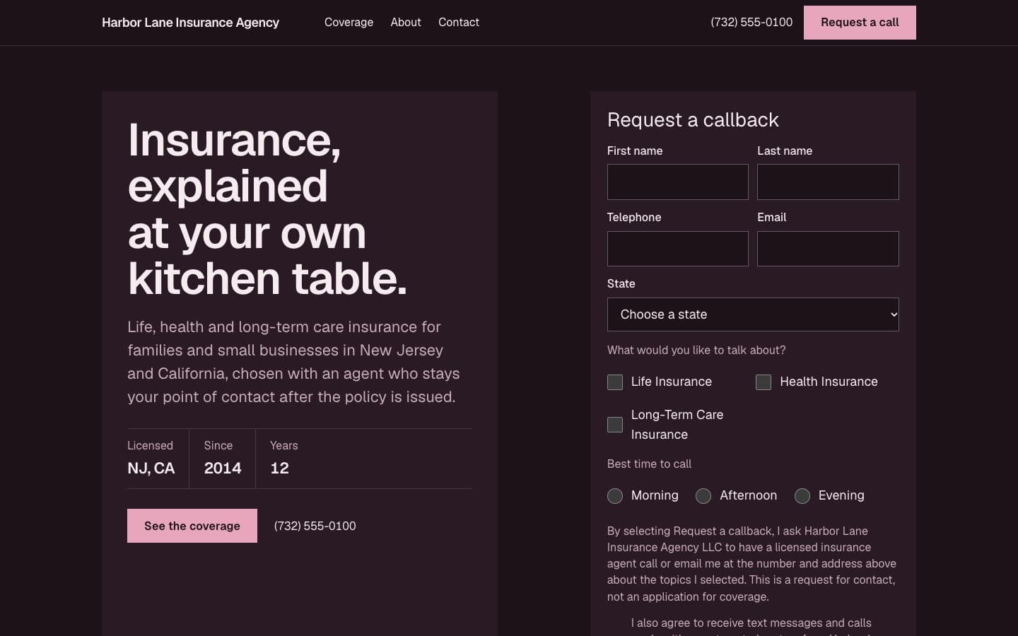 Sample agent, fictional: the Meridian template in the Orchid theme on the Dark ground, on a desktop.