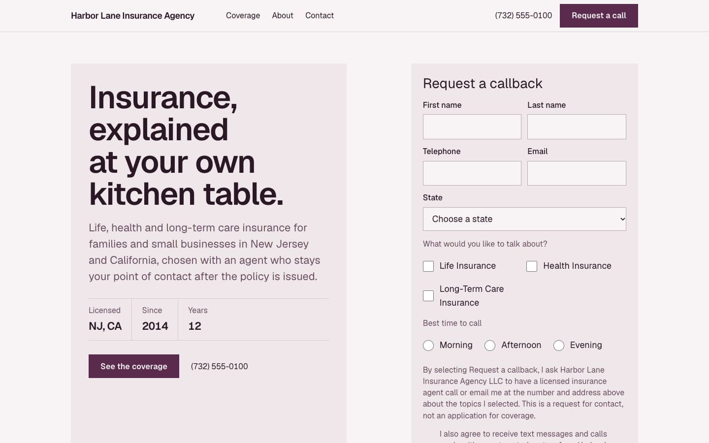 Sample agent, fictional: the Meridian template in the Orchid theme on the Light ground, on a desktop.