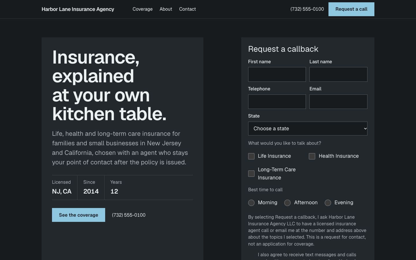 Sample agent, fictional: the Meridian template in the Slate theme on the Dark ground, on a desktop.