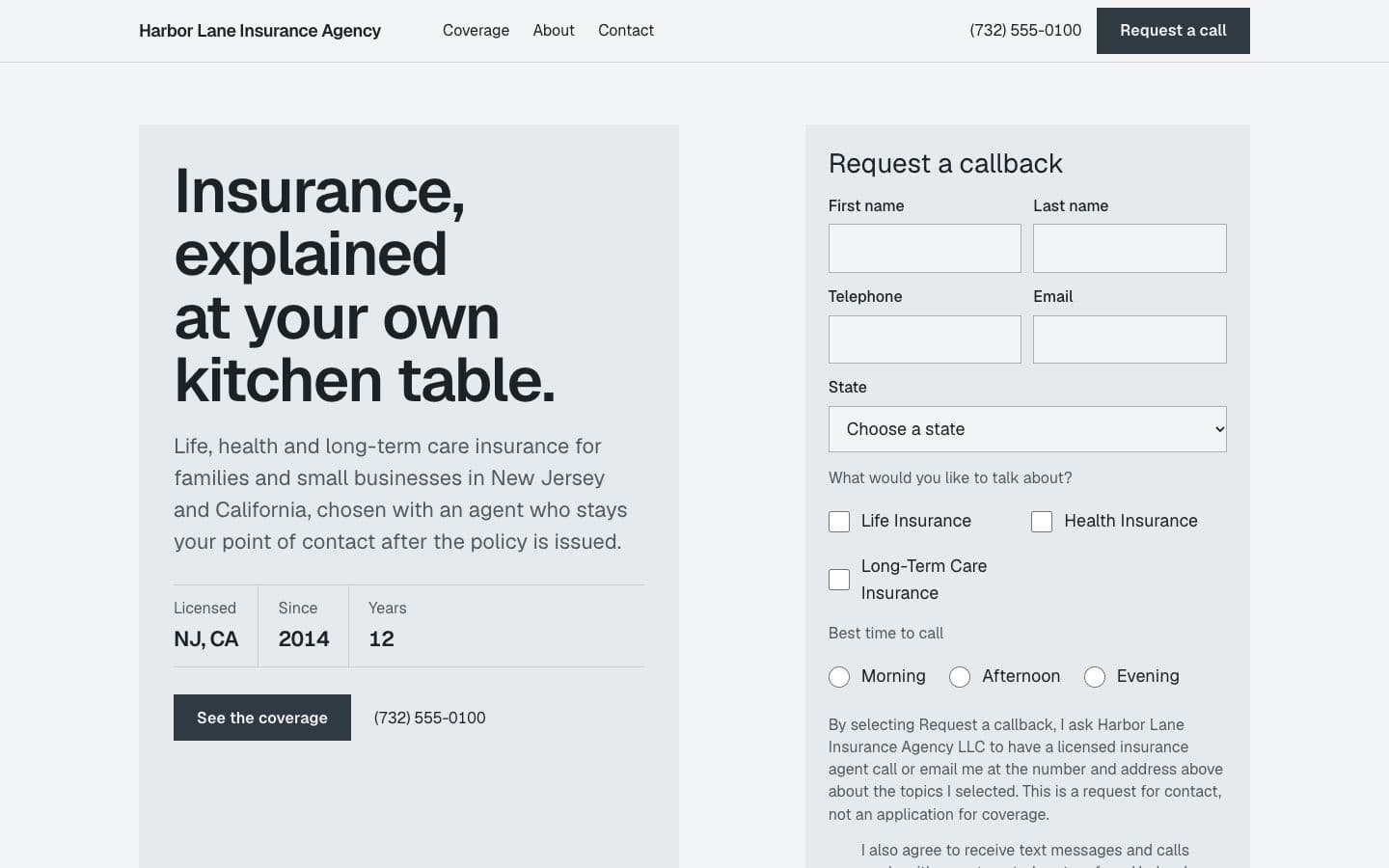 Sample agent, fictional: the Meridian template in the Slate theme on the Light ground, on a desktop.
